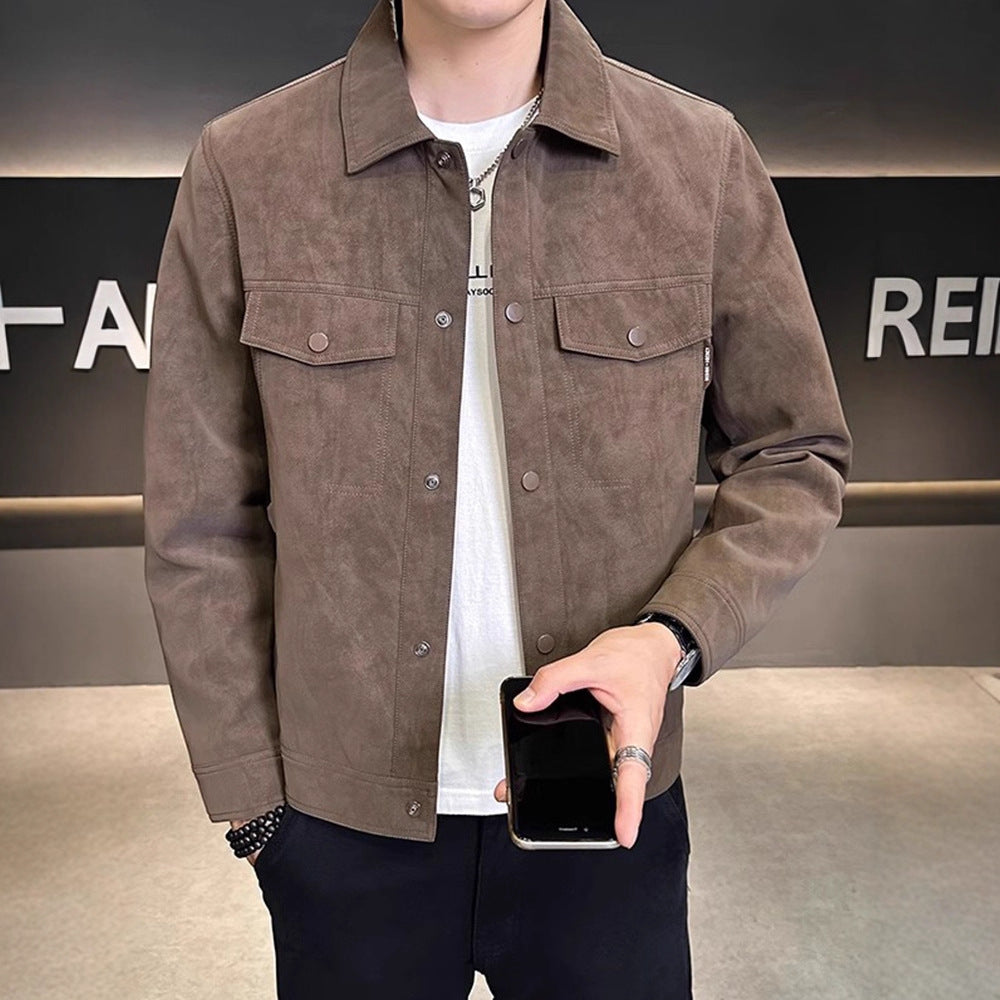 Suede Jacket Men Autumn Winter Fashion Brand Turn-down Collar Slim Fit Trendy Outerwear