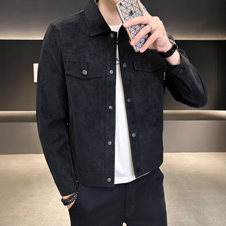 Suede Jacket Men Autumn Winter Fashion Brand Turn-down Collar Slim Fit Trendy Outerwear