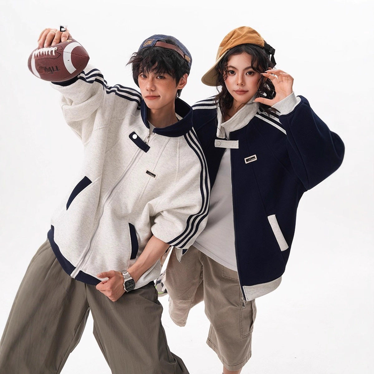 Stripe Spliced Sports Jacket for Women and Men Winter Trendy College Style Versatile Outerwear Couple Stand Collar Baseball Jacket