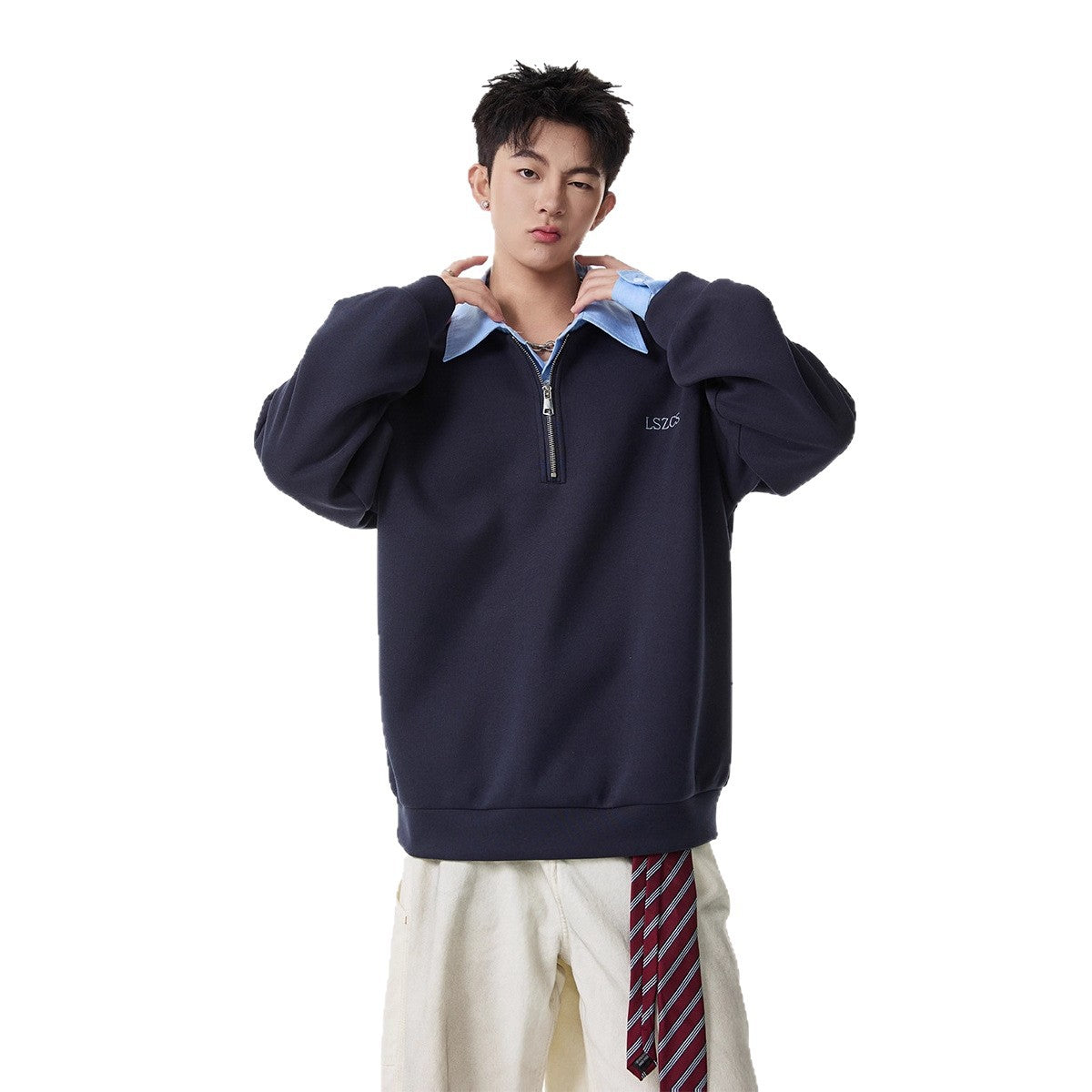 Heavyweight Faux Two-Piece Half-Zip Polo Sweatshirt for Men and Women Autumn College Style Turn-Down Collar Pullover Loose Casual Top Fashion