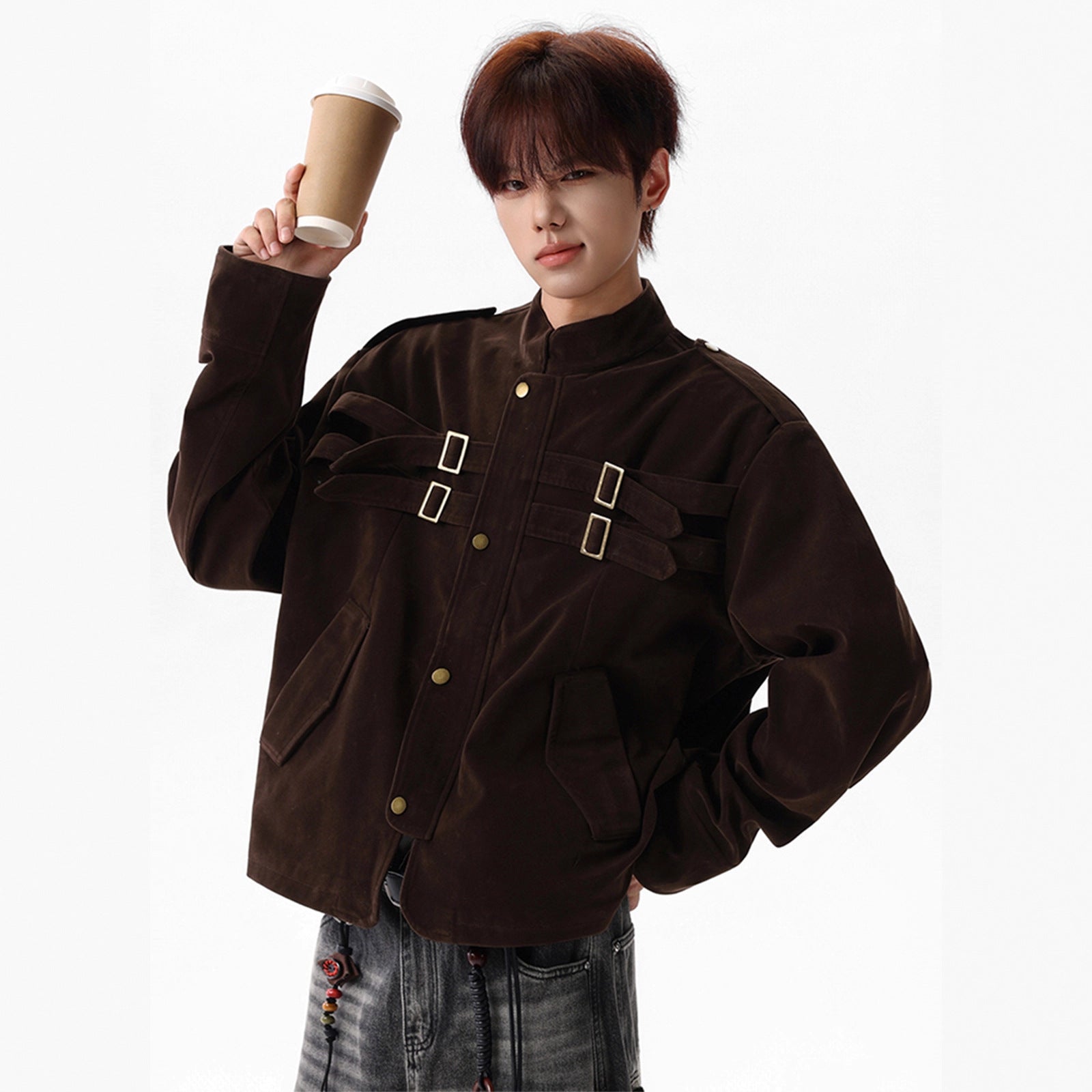 Faux Suede Utility Jacket for Men and Women, Winter Melange Short Coat, High Street Tie-Design Baseball Jacket