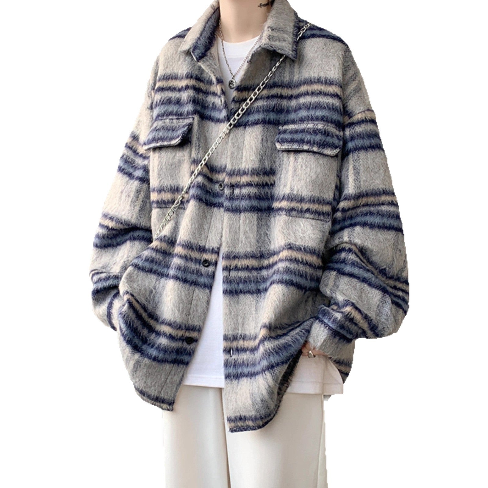 Chambray Style Plaid Woolen Coat for Men, Autumn/Winter Thickened Streetwear  Shirt Jacket