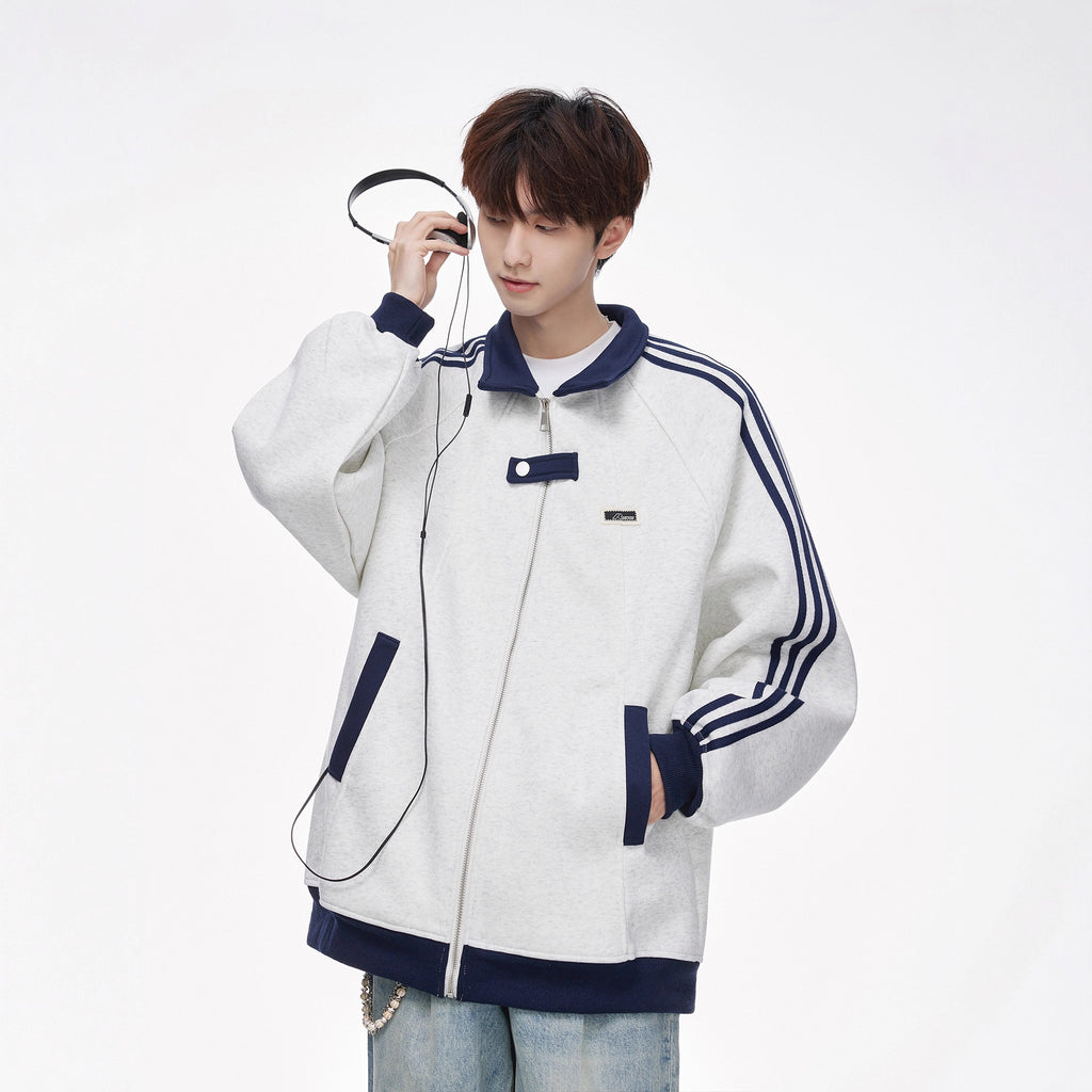 Style College Loose Fleece Baseball Jacket for Men, Three-Stripe Design, Casual Sporty Outerwear