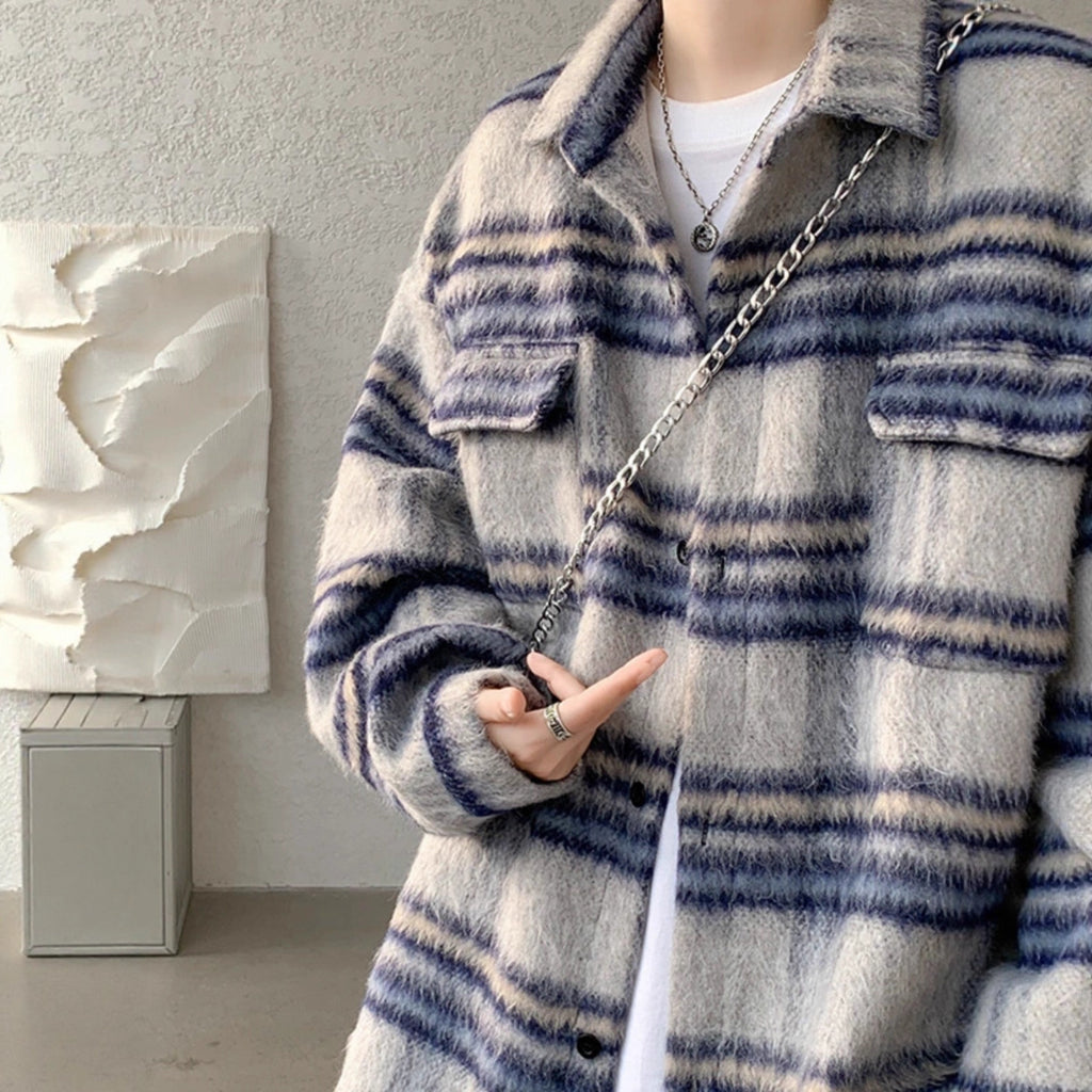 Chambray Style Plaid Woolen Coat for Men, Autumn/Winter Thickened Streetwear  Shirt Jacket