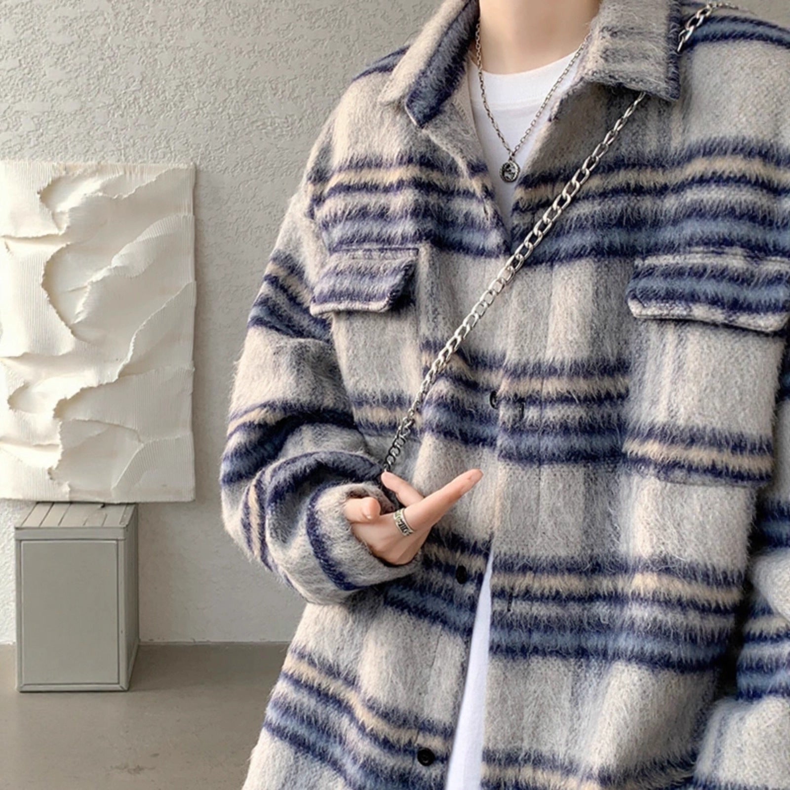 Chambray Style Plaid Woolen Coat for Men, Autumn/Winter Thickened Streetwear  Shirt Jacket