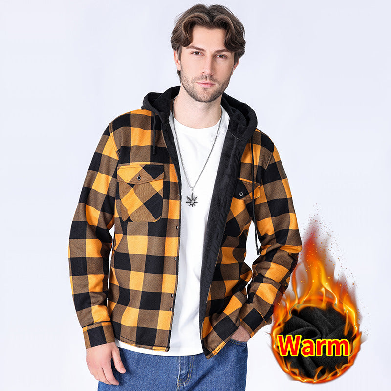 Casual fleece hooded checkered shirt for men outerwear for men