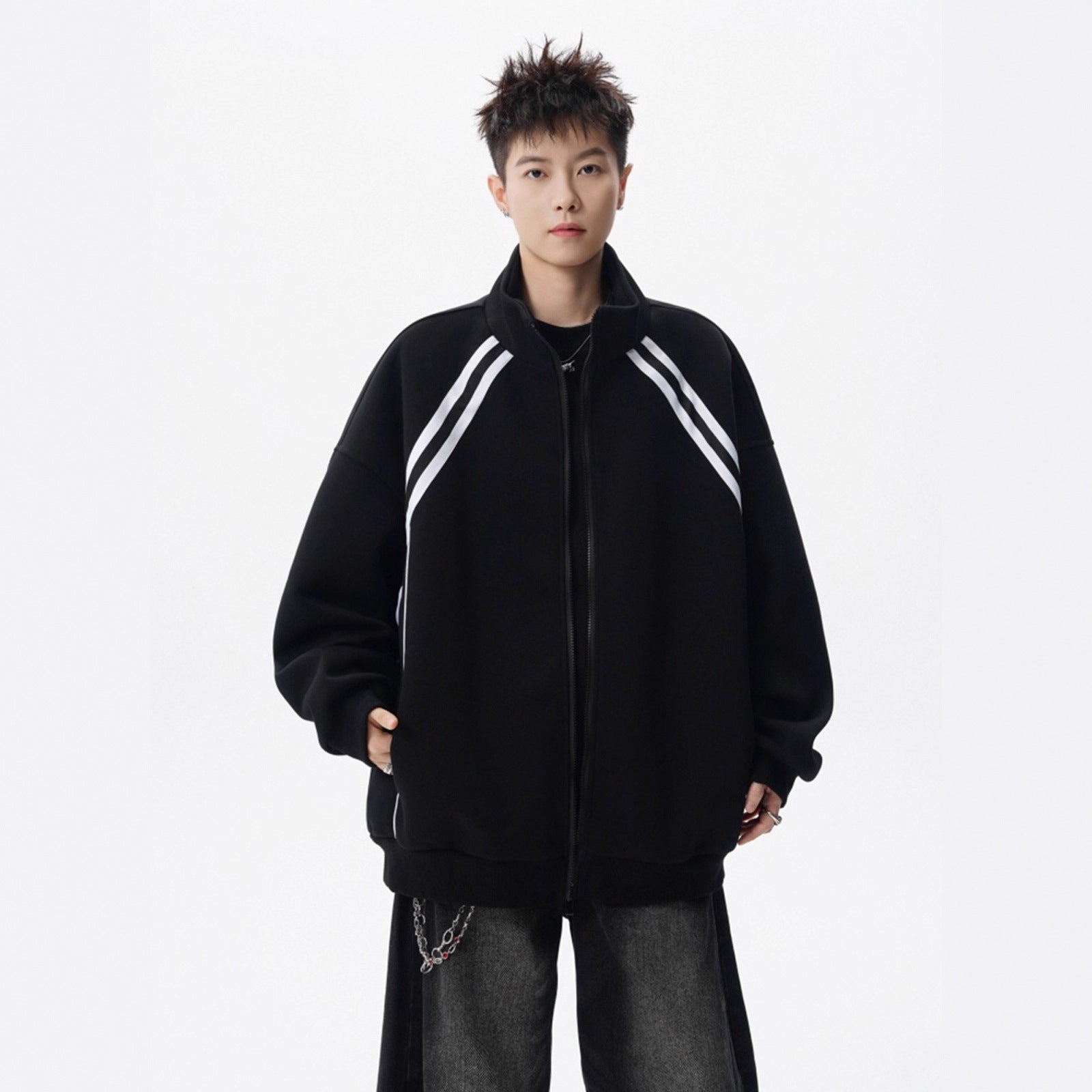 Street High-Neck Casual Hoodie for Men Winter Trendy Brand Patchwork Sport Open Front Design Stripe Couple Jacket