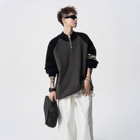 Stand Collar Two-Tone Jacket Men Autumn Trendy Stripe Casual Knitwear Vibe Street Style Versatile Sweater Coat