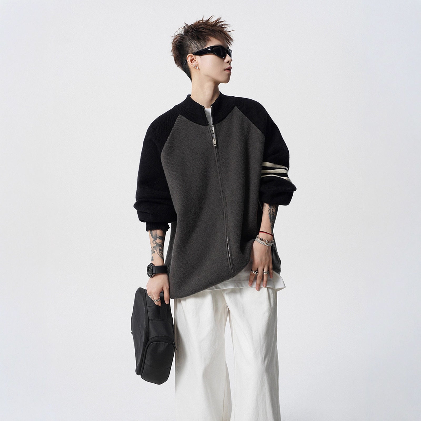 Stand Collar Two-Tone Jacket Men Autumn Trendy Stripe Casual Knitwear Vibe Street Style Versatile Sweater Coat