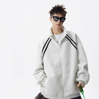 Street High-Neck Casual Hoodie for Men Winter Trendy Brand Patchwork Sport Open Front Design Stripe Couple Jacket