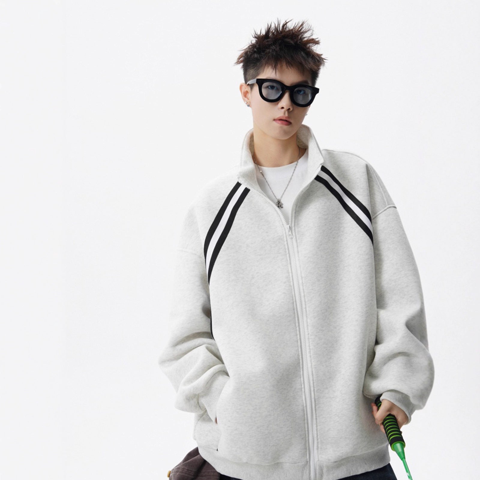 Street High-Neck Casual Hoodie for Men Winter Trendy Brand Patchwork Sport Open Front Design Stripe Couple Jacket