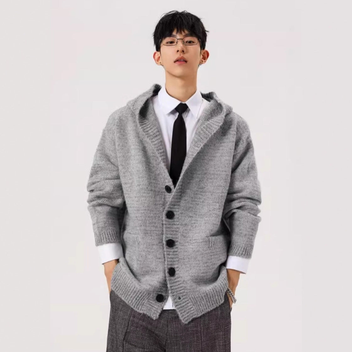 Heavyweight Dark Gray Knit Cardigan Sweater for Men and Women Autumn/Winter Fashion Clean Fit Versatile Lazy Thick Hooded Outerwear