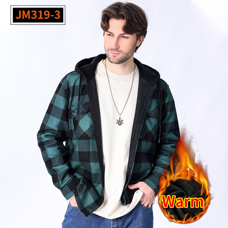 Casual fleece hooded checkered shirt for men outerwear for men