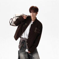 Faux Suede Utility Jacket for Men and Women, Winter Melange Short Coat, High Street Tie-Design Baseball Jacket