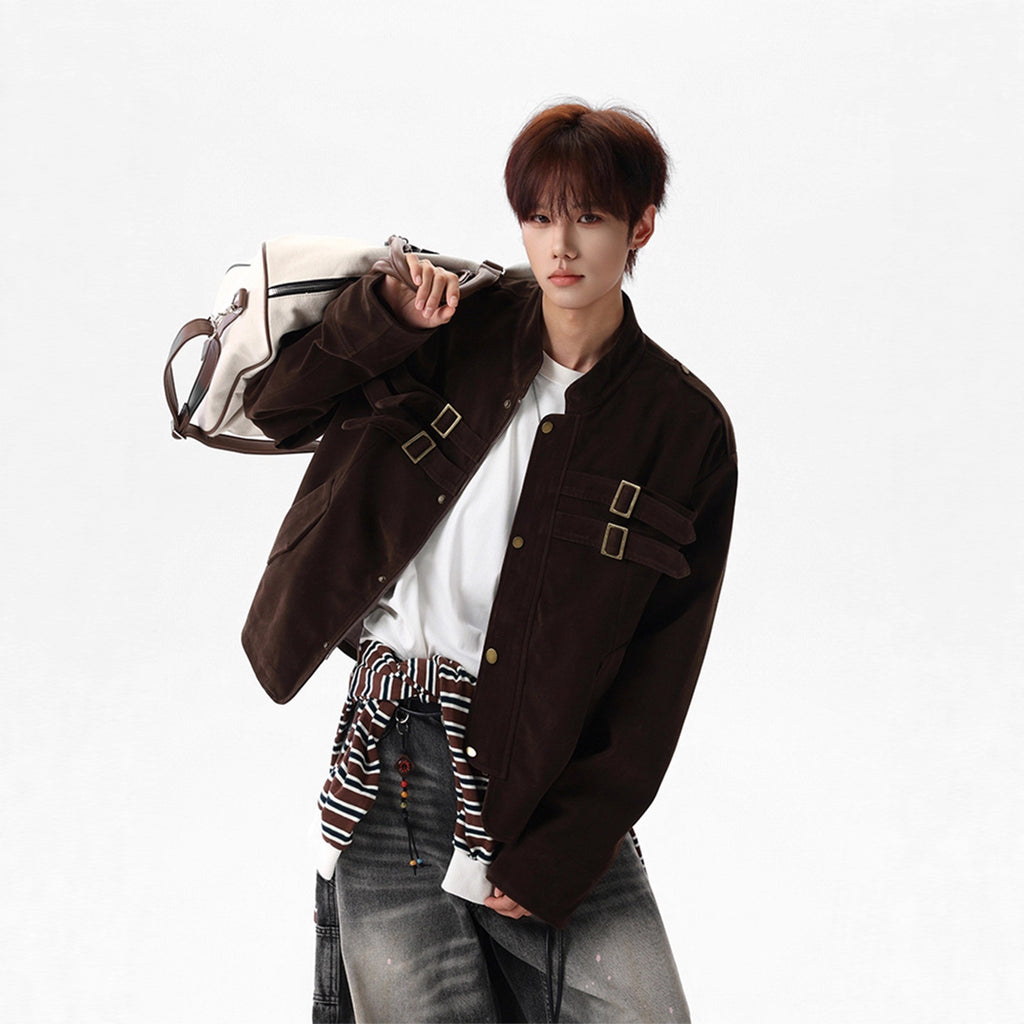 Faux Suede Utility Jacket for Men and Women, Winter Melange Short Coat, High Street Tie-Design Baseball Jacket