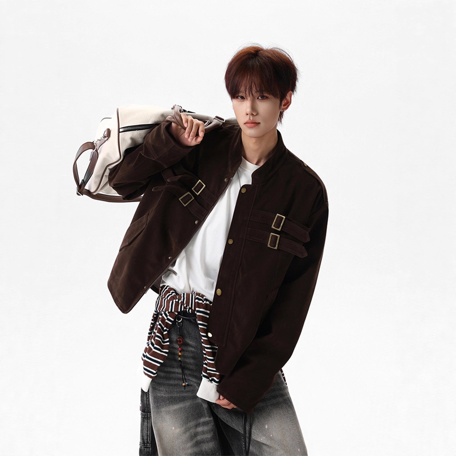 Faux Suede Utility Jacket for Men and Women, Winter Melange Short Coat, High Street Tie-Design Baseball Jacket