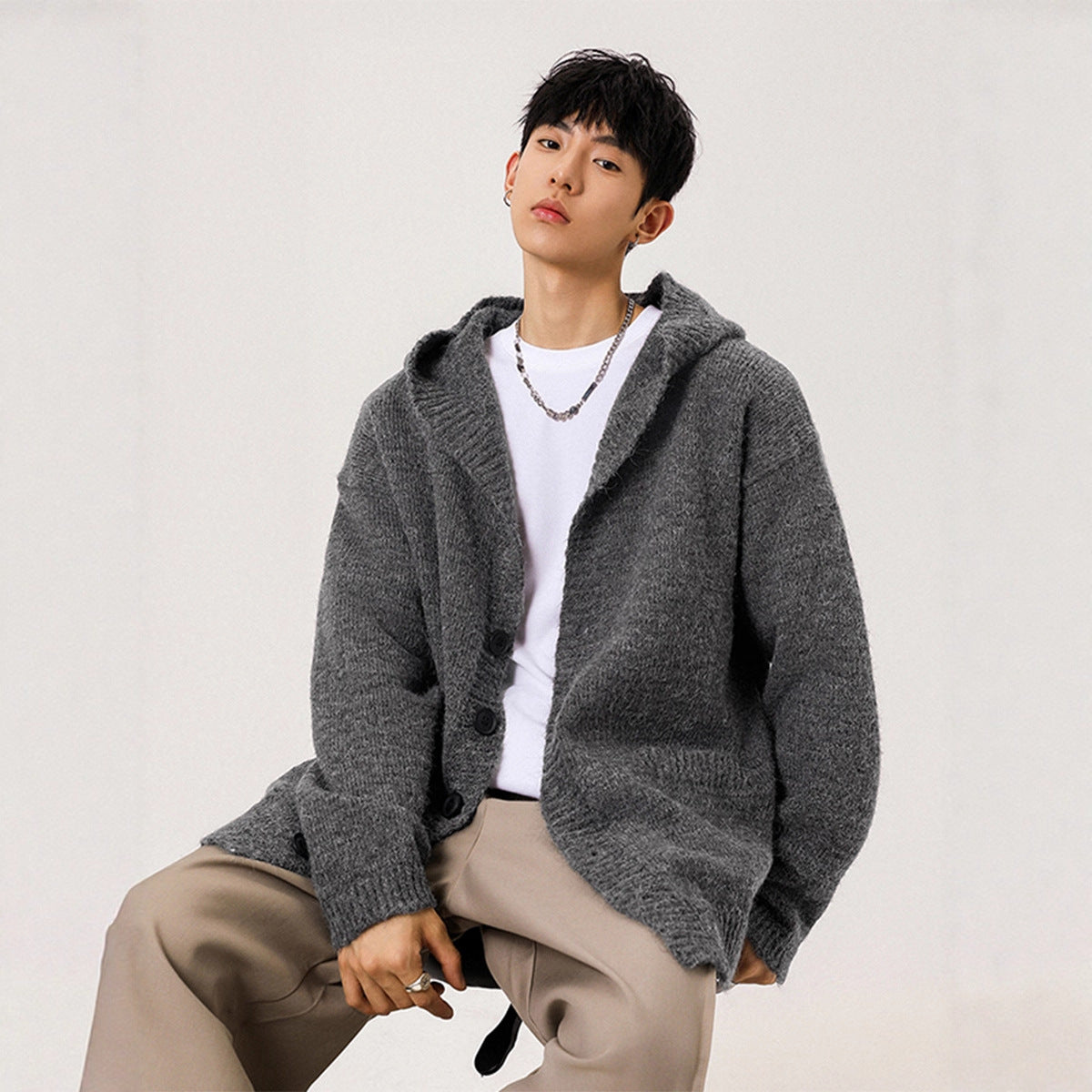 Heavyweight Dark Gray Knit Cardigan Sweater for Men and Women Autumn/Winter Fashion Clean Fit Versatile Lazy Thick Hooded Outerwear