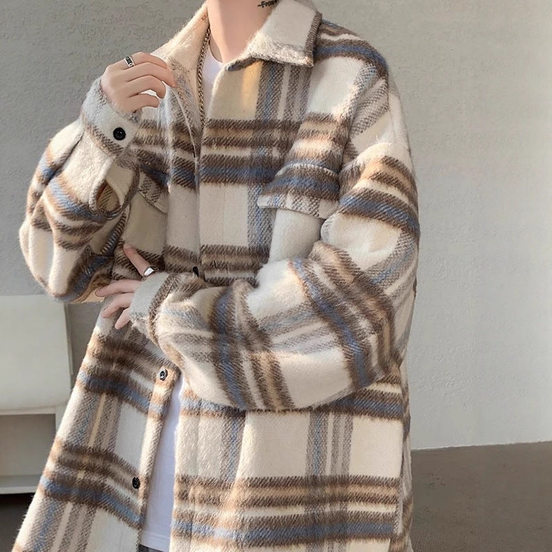 Chambray Style Plaid Woolen Coat for Men, Autumn/Winter Thickened Streetwear  Shirt Jacket