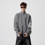 Striped Stand-up Collar Knit Sweater Men Winter Trendy Lazy Style Open Front Knit Cardigan Retro Versatile Couple Casual Outerwear