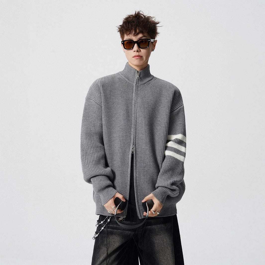 Striped Stand-up Collar Knit Sweater Men Winter Trendy Lazy Style Open Front Knit Cardigan Retro Versatile Couple Casual Outerwear