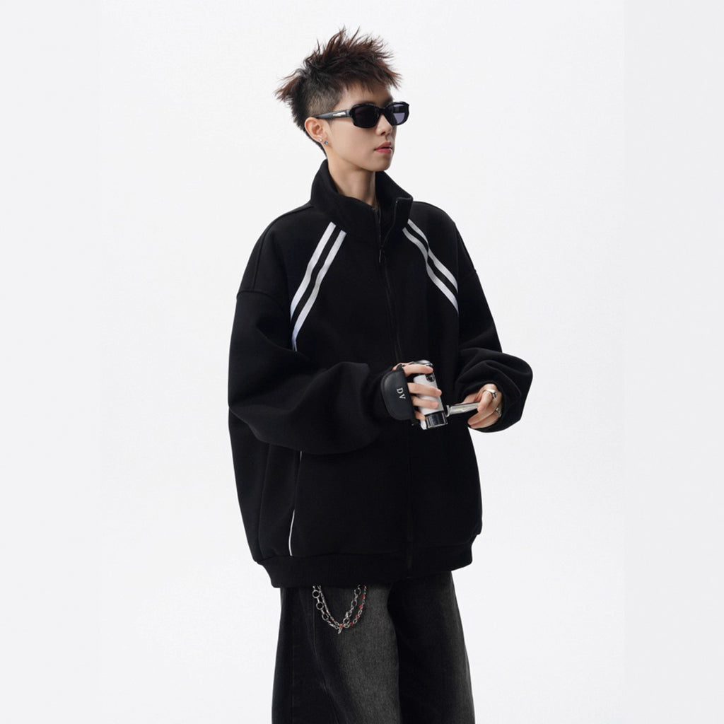 Street High-Neck Casual Hoodie for Men Winter Trendy Brand Patchwork Sport Open Front Design Stripe Couple Jacket