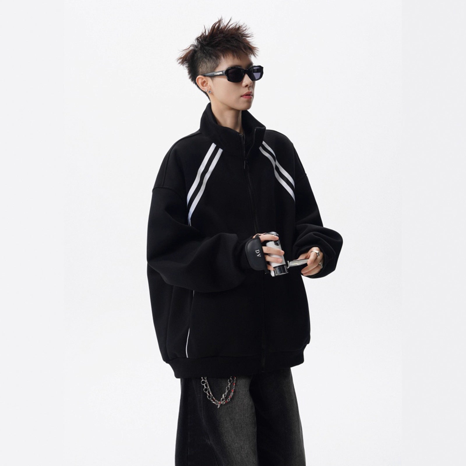 Street High-Neck Casual Hoodie for Men Winter Trendy Brand Patchwork Sport Open Front Design Stripe Couple Jacket