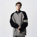 Stand Collar Two-Tone Jacket Men Autumn Trendy Stripe Casual Knitwear Vibe Street Style Versatile Sweater Coat