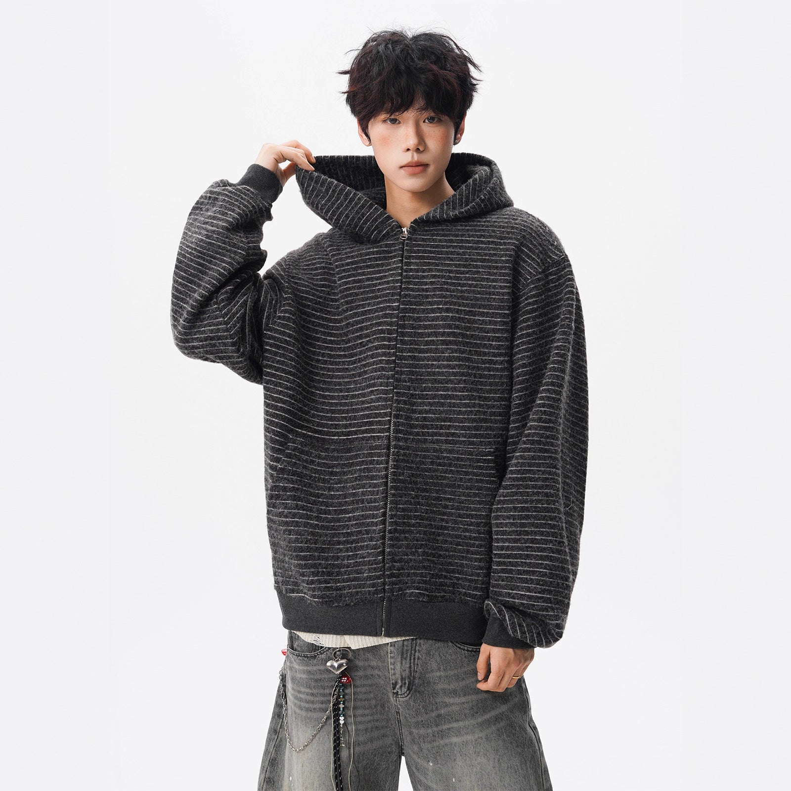 Vintage Striped Open-Front Hoodie for Men, Autumn High Street Lazy Style Couple Jacket, Vibe Brand Casual Versatile Top