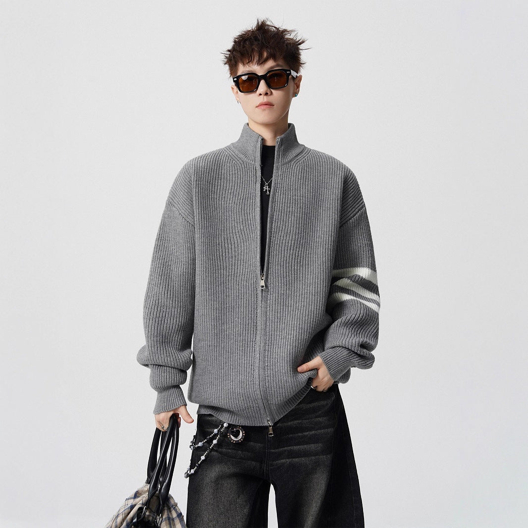 Striped Stand-up Collar Knit Sweater Men Winter Trendy Lazy Style Open Front Knit Cardigan Retro Versatile Couple Casual Outerwear