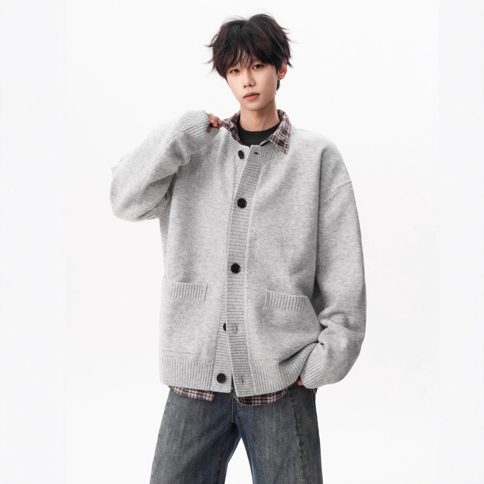 Style Gray Knit Sweater Coat for Men Fashion Brand Winter New Loose Casual Lazy Style Versatile Couple Cardigan