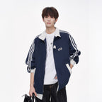 Style College Loose Fleece Baseball Jacket for Men, Three-Stripe Design, Casual Sporty Outerwear