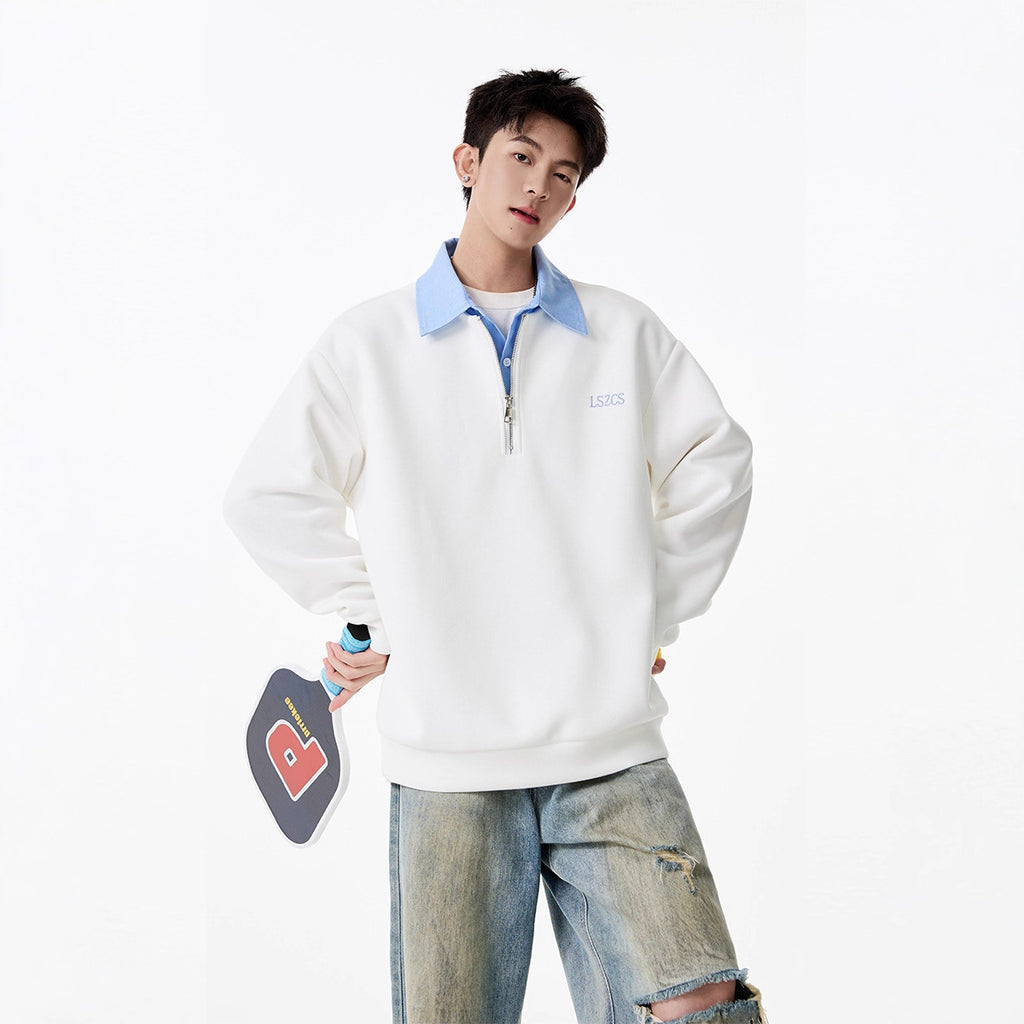 Heavyweight Faux Two-Piece Half-Zip Polo Sweatshirt for Men and Women Autumn College Style Turn-Down Collar Pullover Loose Casual Top Fashion