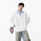 Heavyweight Faux Two-Piece Half-Zip Polo Sweatshirt for Men and Women Autumn College Style Turn-Down Collar Pullover Loose Casual Top Fashion