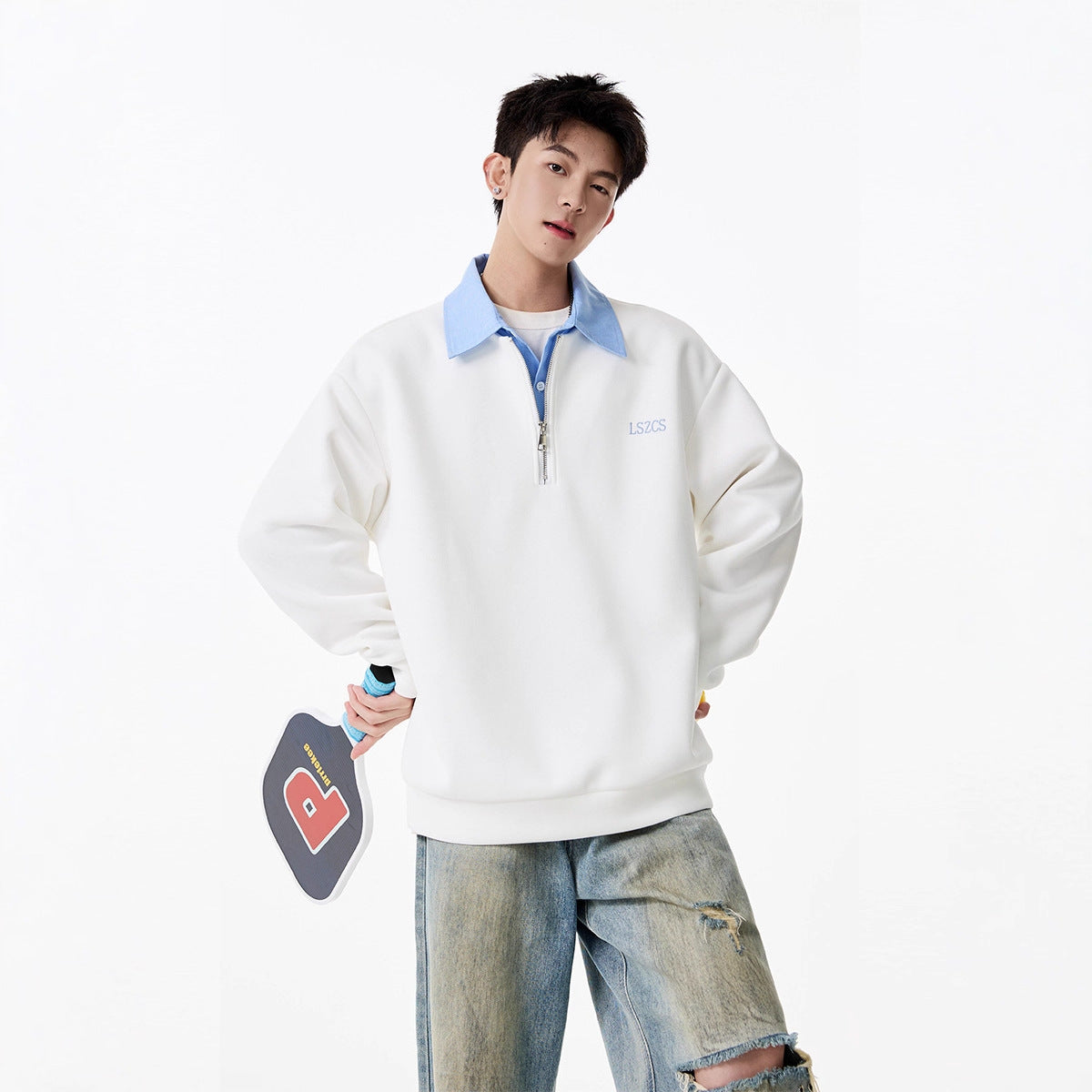 Heavyweight Faux Two-Piece Half-Zip Polo Sweatshirt for Men and Women Autumn College Style Turn-Down Collar Pullover Loose Casual Top Fashion