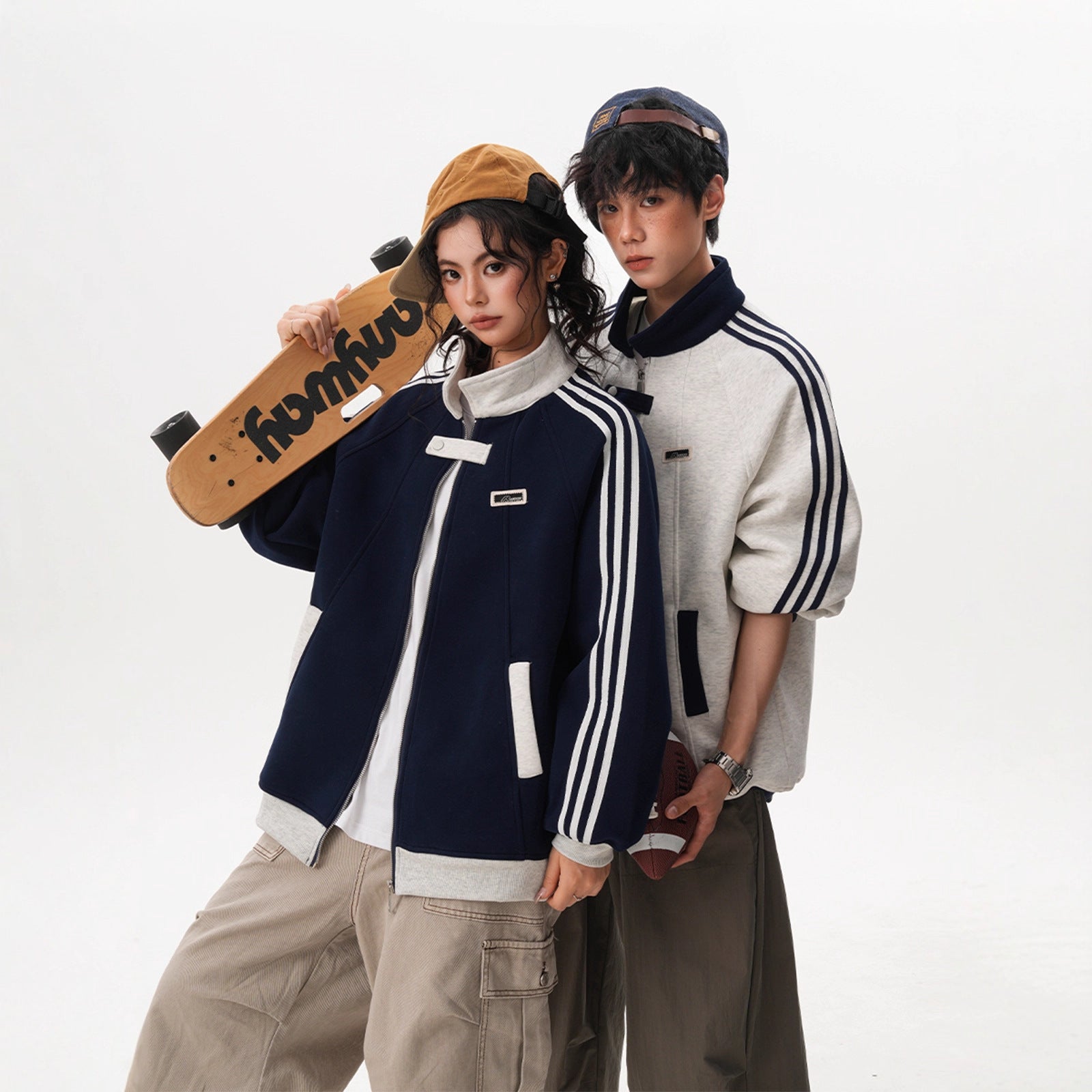 Stripe Spliced Sports Jacket for Women and Men Winter Trendy College Style Versatile Outerwear Couple Stand Collar Baseball Jacket