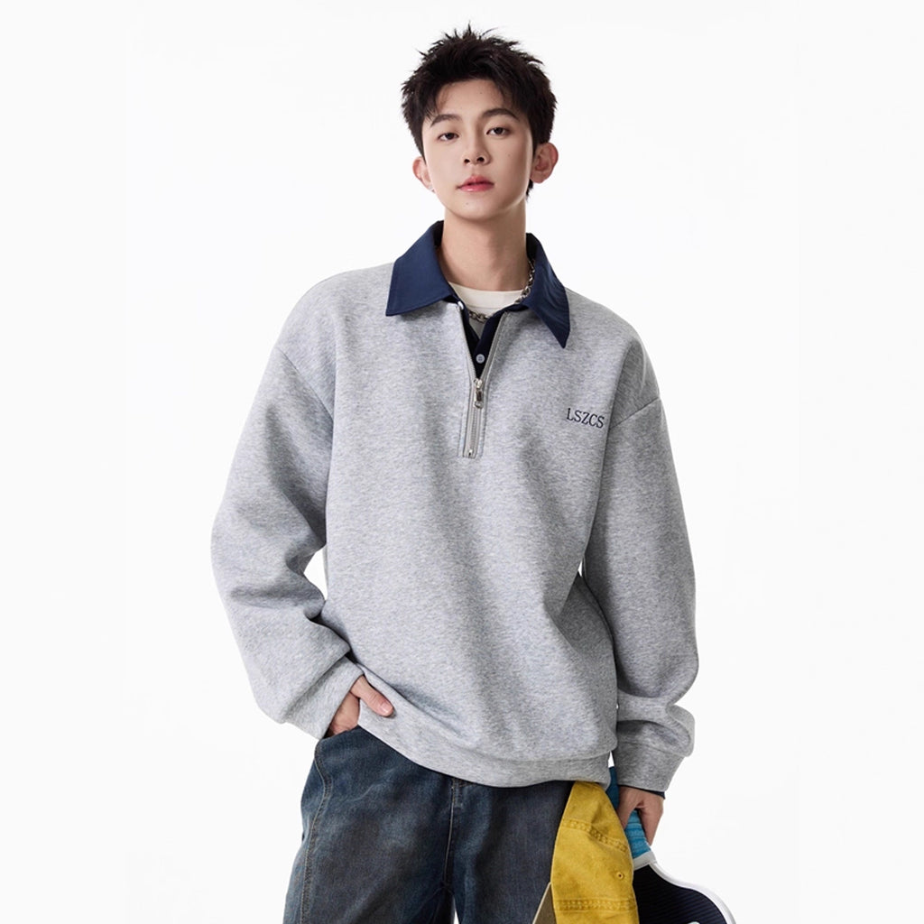 Heavyweight Faux Two-Piece Half-Zip Polo Sweatshirt for Men and Women Autumn College Style Turn-Down Collar Pullover Loose Casual Top Fashion