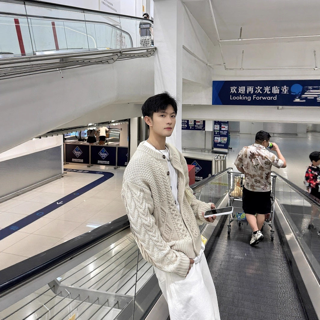 Retro Cable Knit Oversized Cardigan Coat for Men and Women, Loose Casual Versatile Design Couple Sweater