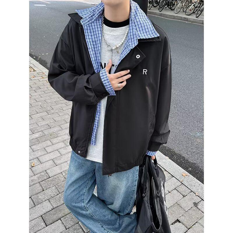 Checkered splicing fake two-piece jacket for men and women