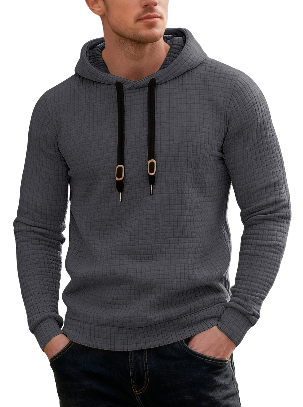 Long sleeved hooded sweatshirt with drawstring for men