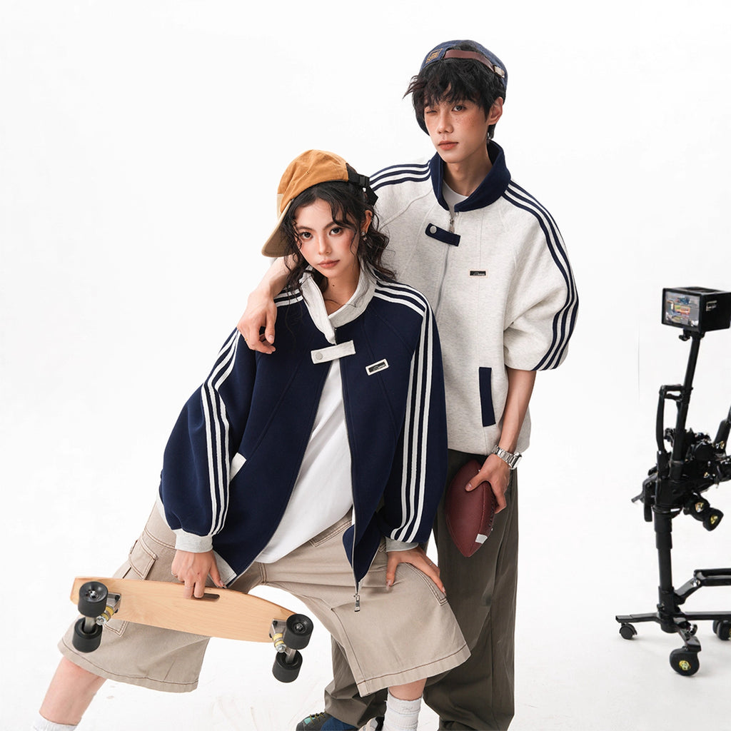 Stripe Spliced Sports Jacket for Women and Men Winter Trendy College Style Versatile Outerwear Couple Stand Collar Baseball Jacket