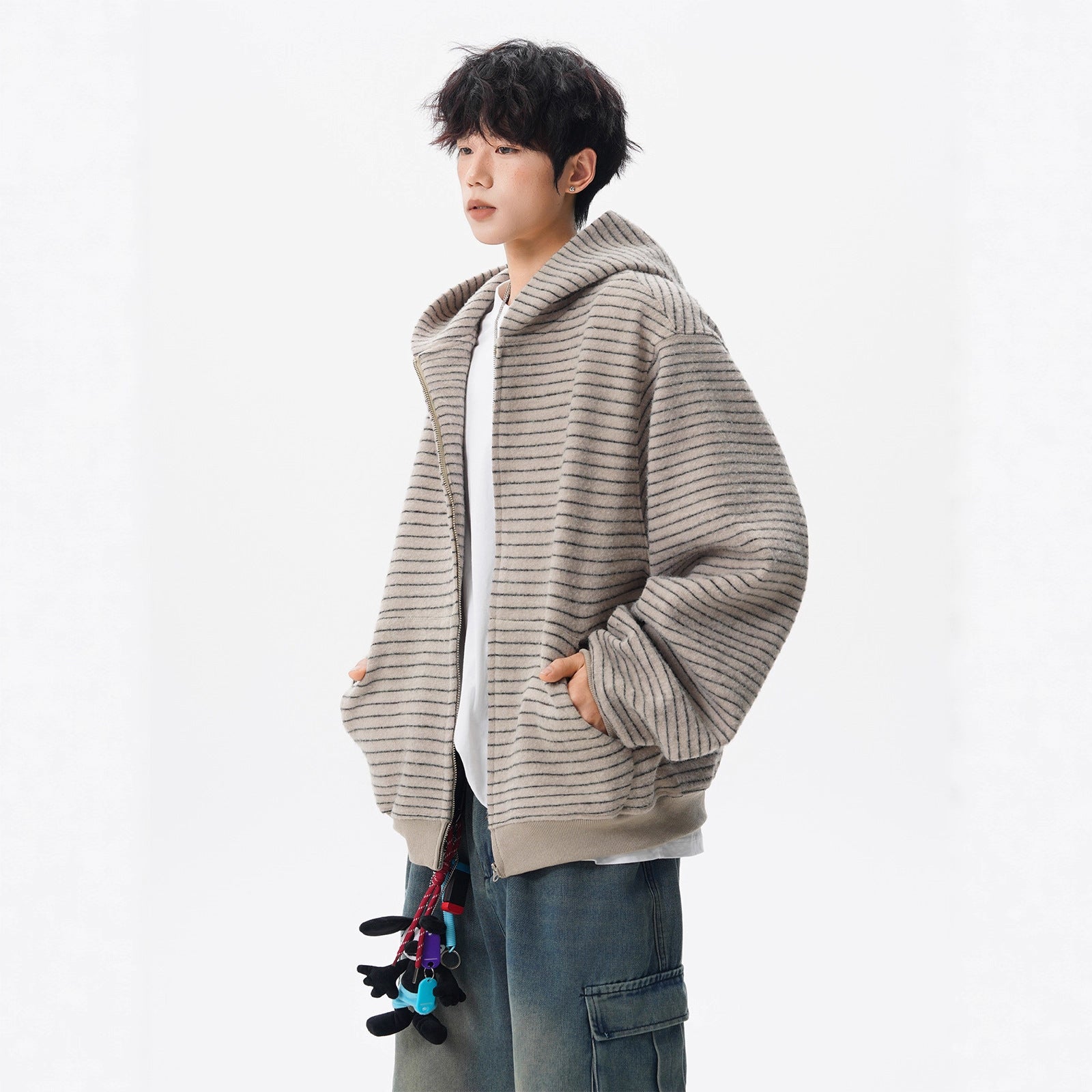 Vintage Striped Open-Front Hoodie for Men, Autumn High Street Lazy Style Couple Jacket, Vibe Brand Casual Versatile Top