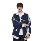 Style College Loose Fleece Baseball Jacket for Men, Three-Stripe Design, Casual Sporty Outerwear