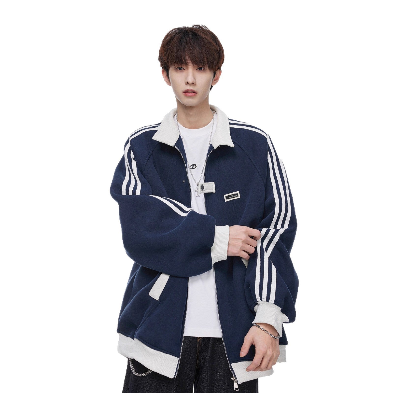 Style College Loose Fleece Baseball Jacket for Men, Three-Stripe Design, Casual Sporty Outerwear