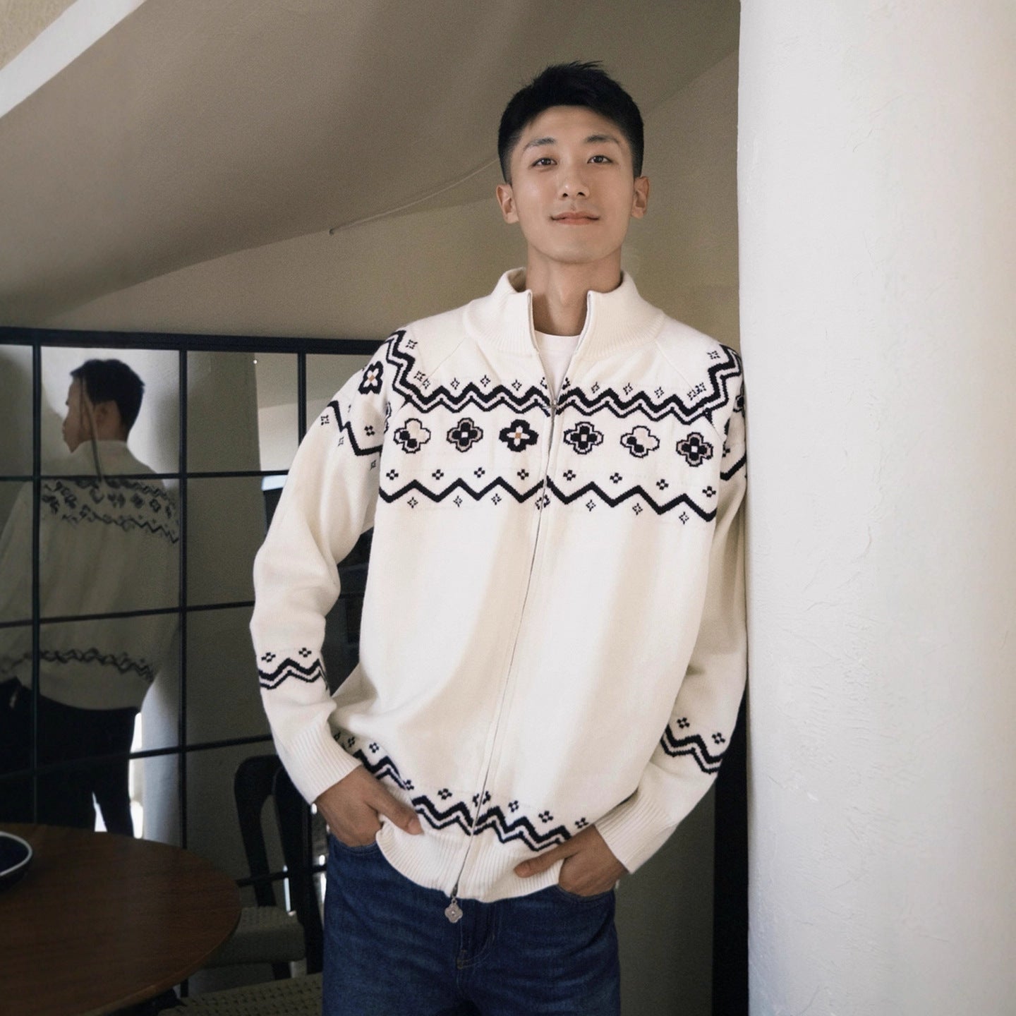 Fair Isle Floral Knit Cardigan for Men Winter Ethnic Style Cozy Soft Knitwear Clean Fit Sweater Jacket