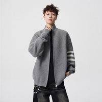Striped Stand-up Collar Knit Sweater Men Winter Trendy Lazy Style Open Front Knit Cardigan Retro Versatile Couple Casual Outerwear