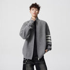 Striped Stand-up Collar Knit Sweater Men Winter Trendy Lazy Style Open Front Knit Cardigan Retro Versatile Couple Casual Outerwear