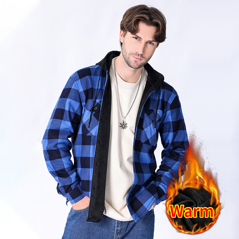 Casual fleece hooded checkered shirt for men outerwear for men
