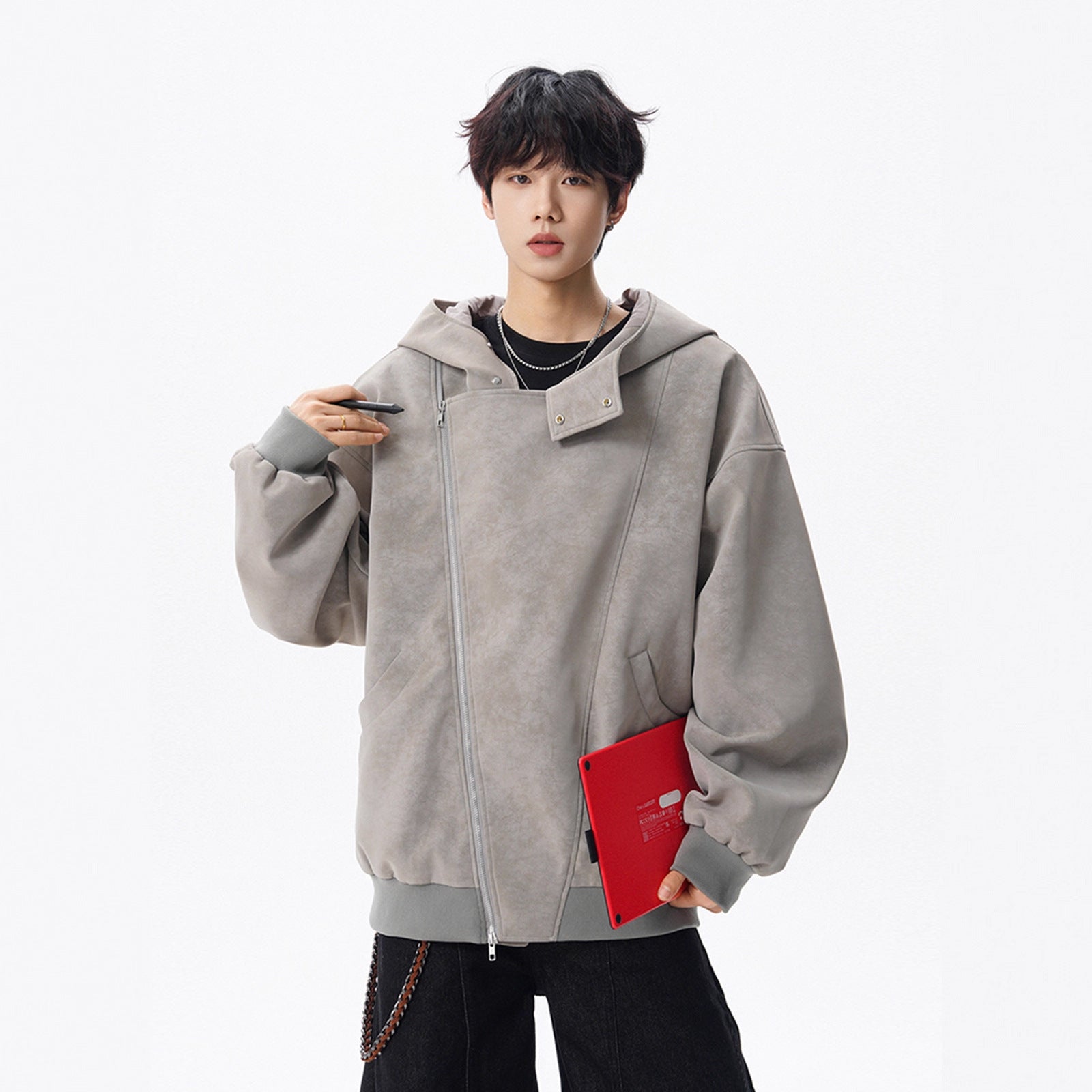 Heavyweight Tie-Dye Diagonal Zipper Hoodie Jacket for Men Winter Retro Deconstructed Design Streetwear Cool Couple Outerwear