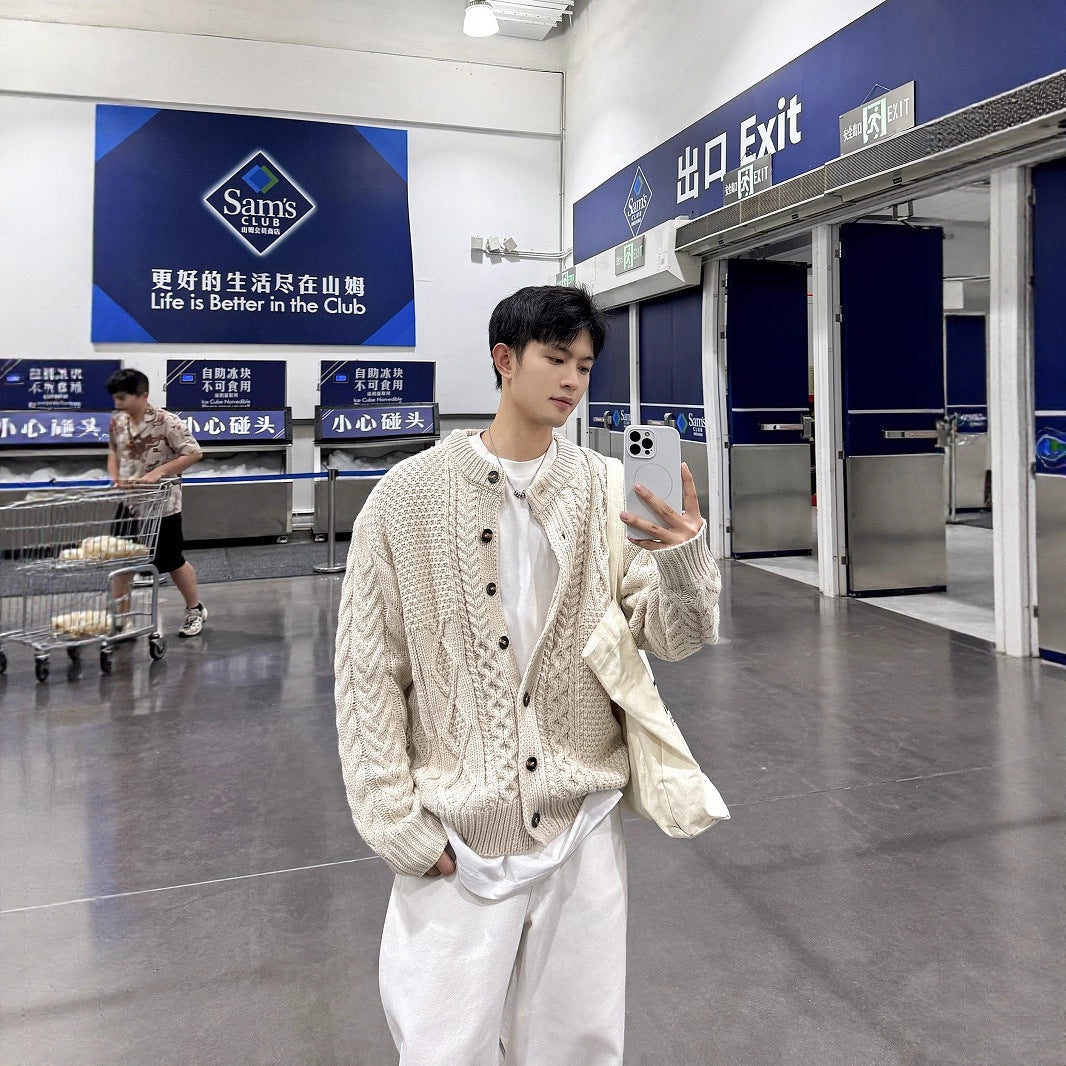 Retro Cable Knit Oversized Cardigan Coat for Men and Women, Loose Casual Versatile Design Couple Sweater